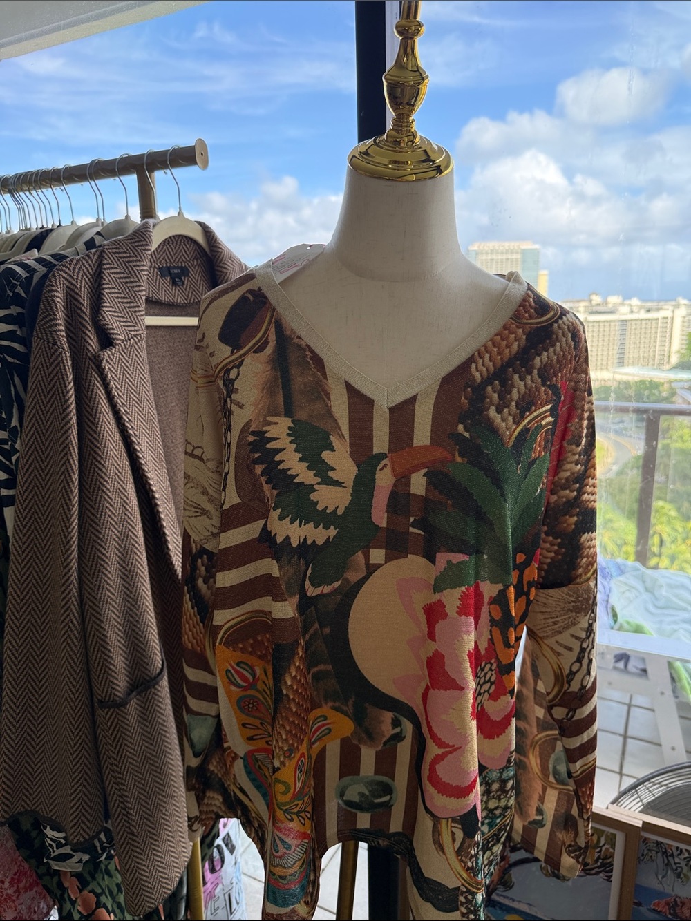 Yolly Italian Women’s V-Neck Sweater with Tropical Print - Brown Multi